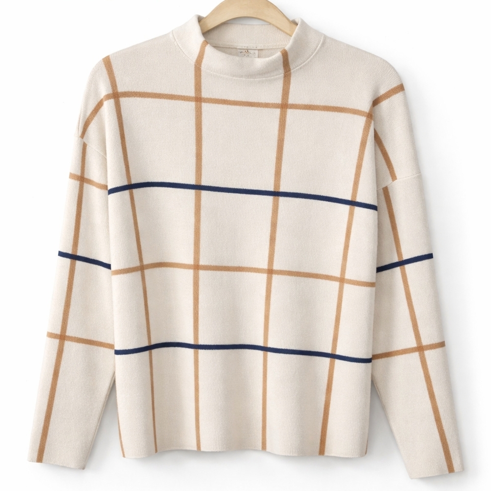 Tahari Cream and Tan Grid Sweater